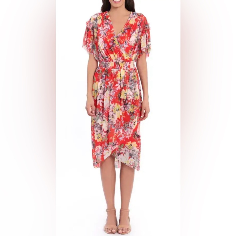 London Times Red Floral Surplice Midi Dress - Size 1X